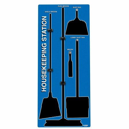 5S SUPPLIES 5S Housekeeping Shadow Board Broom Station Version 1 - Blue Board / Black Shadows No Broom HSB-V1-BLUE-BO